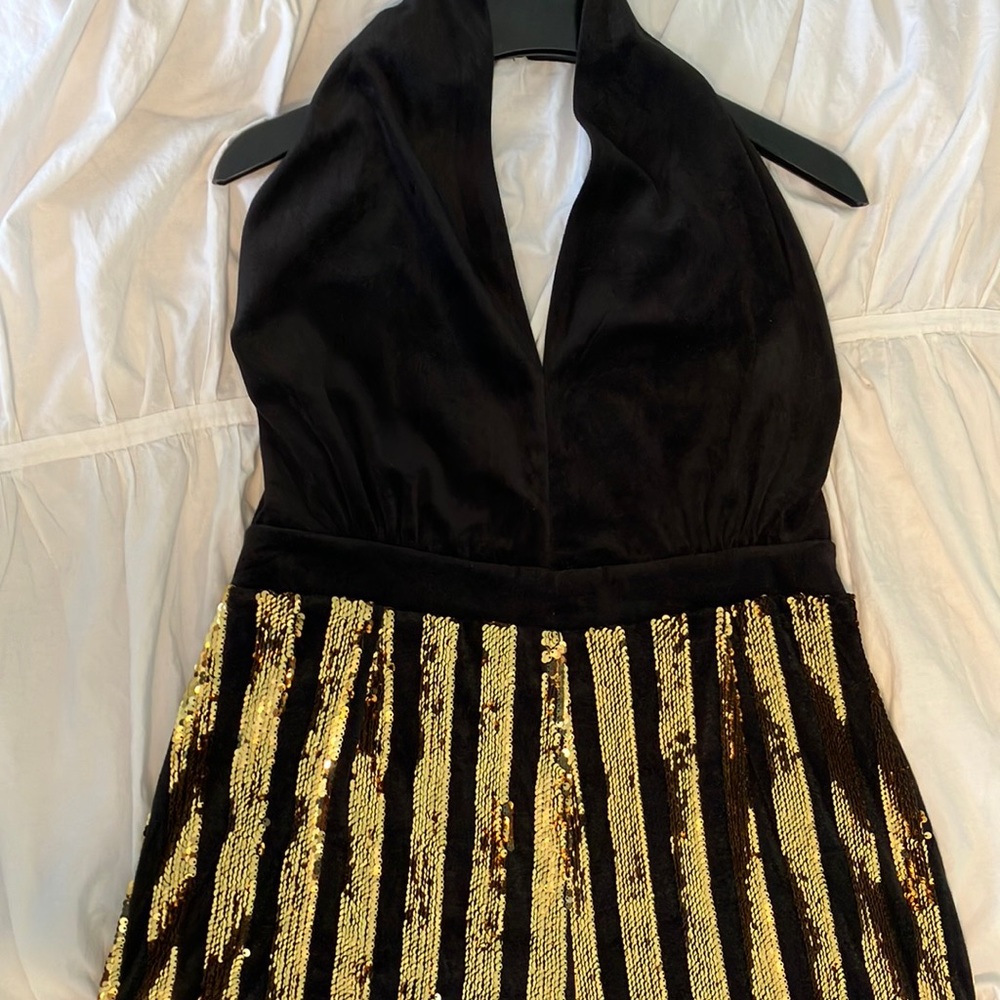 Black Velour & Gold Sequined Pant Jumpsuit